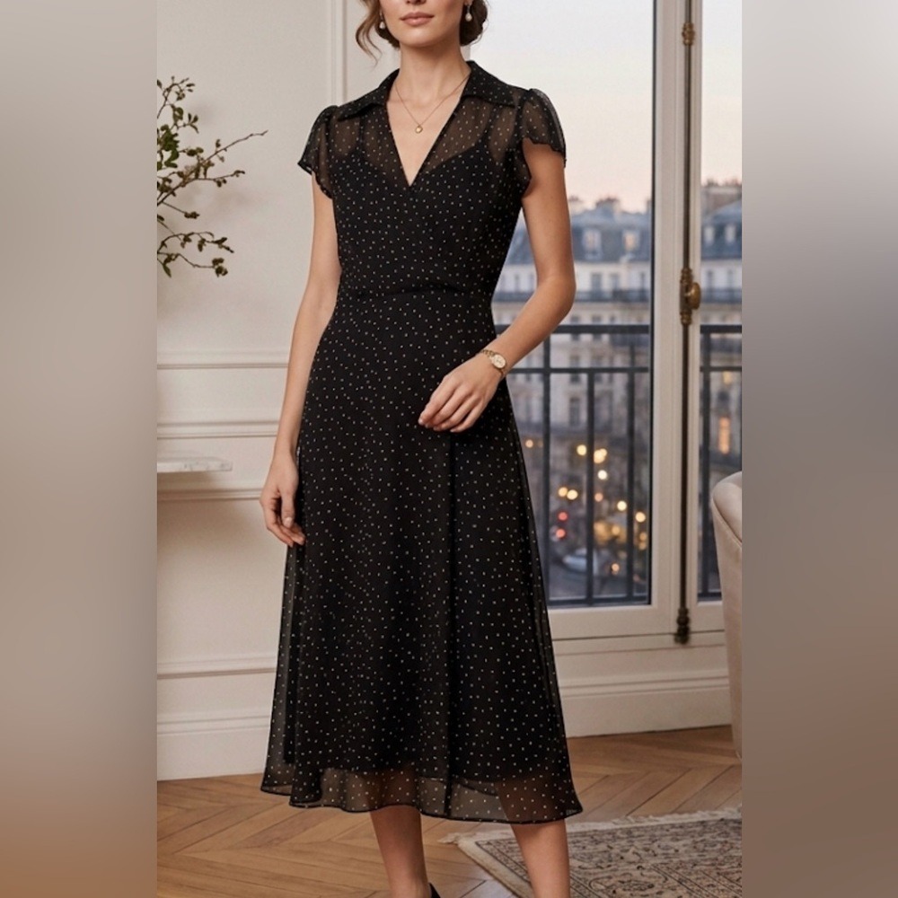 MSK Polka Dot Chiffon Midi Dress Black White V-Neck Flutter Sleeve Retro XL